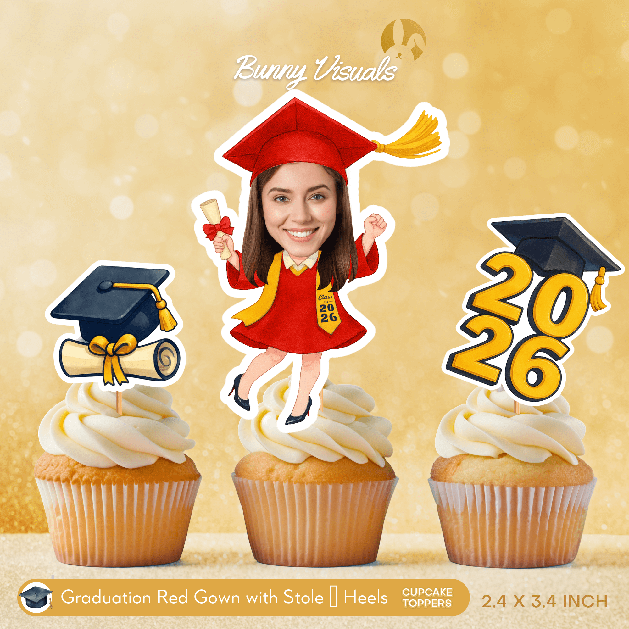 Graduation Red Gown with Stole & Heels Custom Face Cupcake Topper