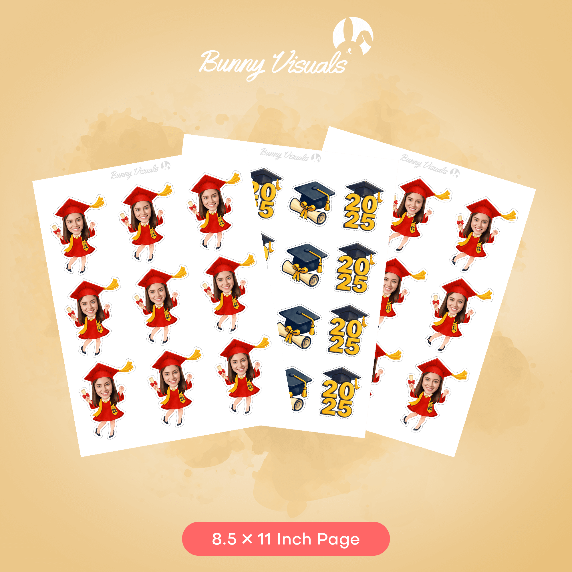 Graduation Red Gown with Stole & Heels Custom Face Cupcake Topper