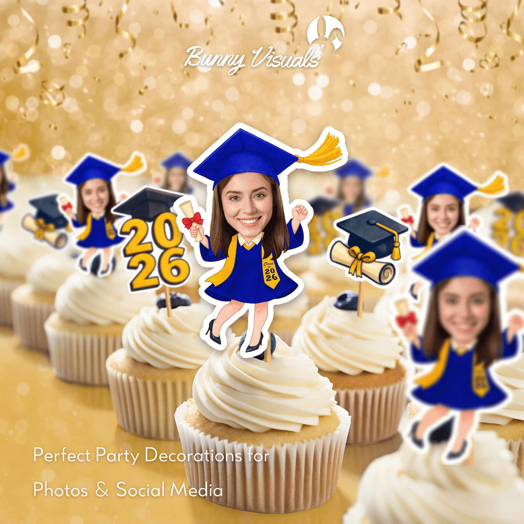 Graduation Blue Gown with Stole & Heels Custom Face Cupcake Topper