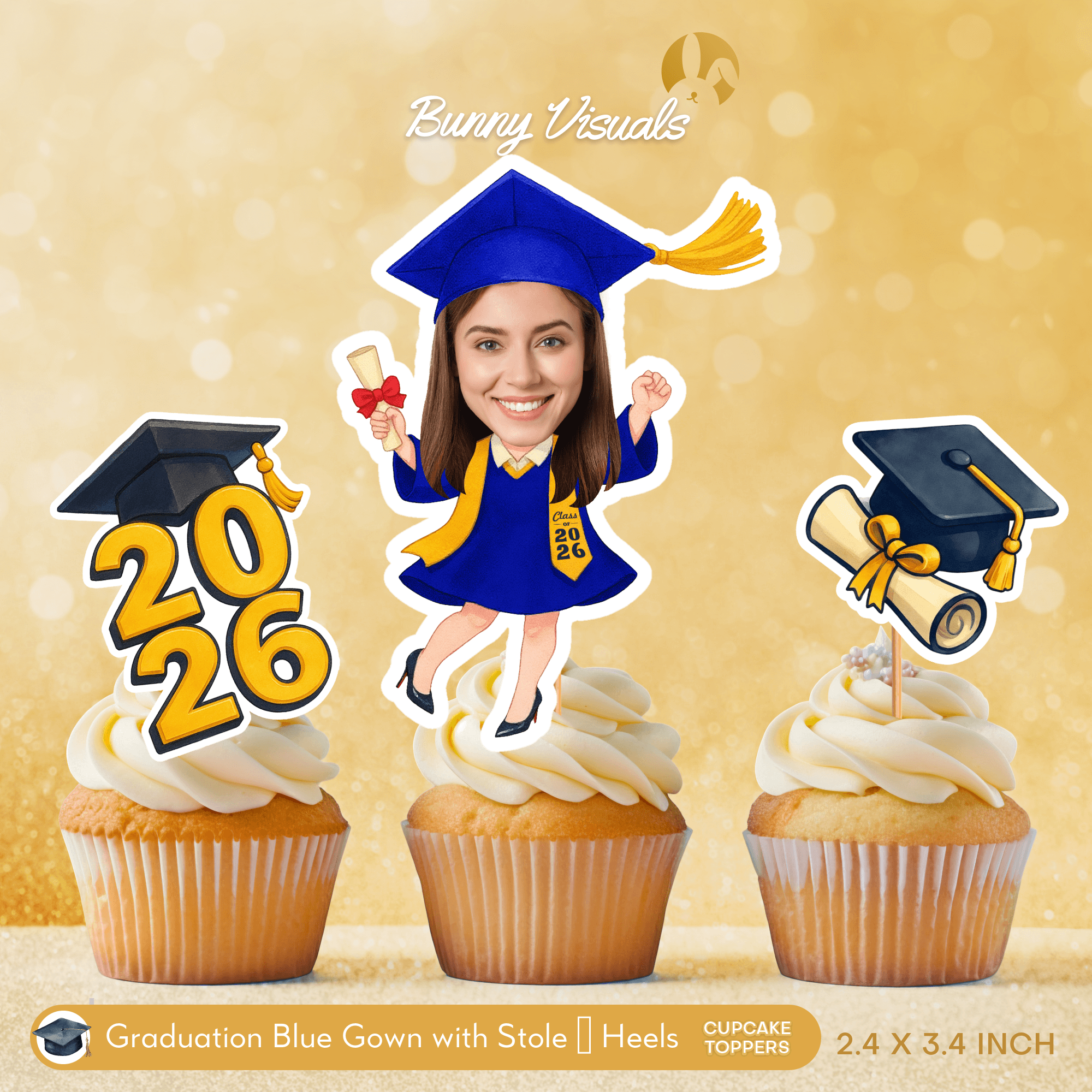Graduation Blue Gown with Stole & Heels Custom Face Cupcake Topper
