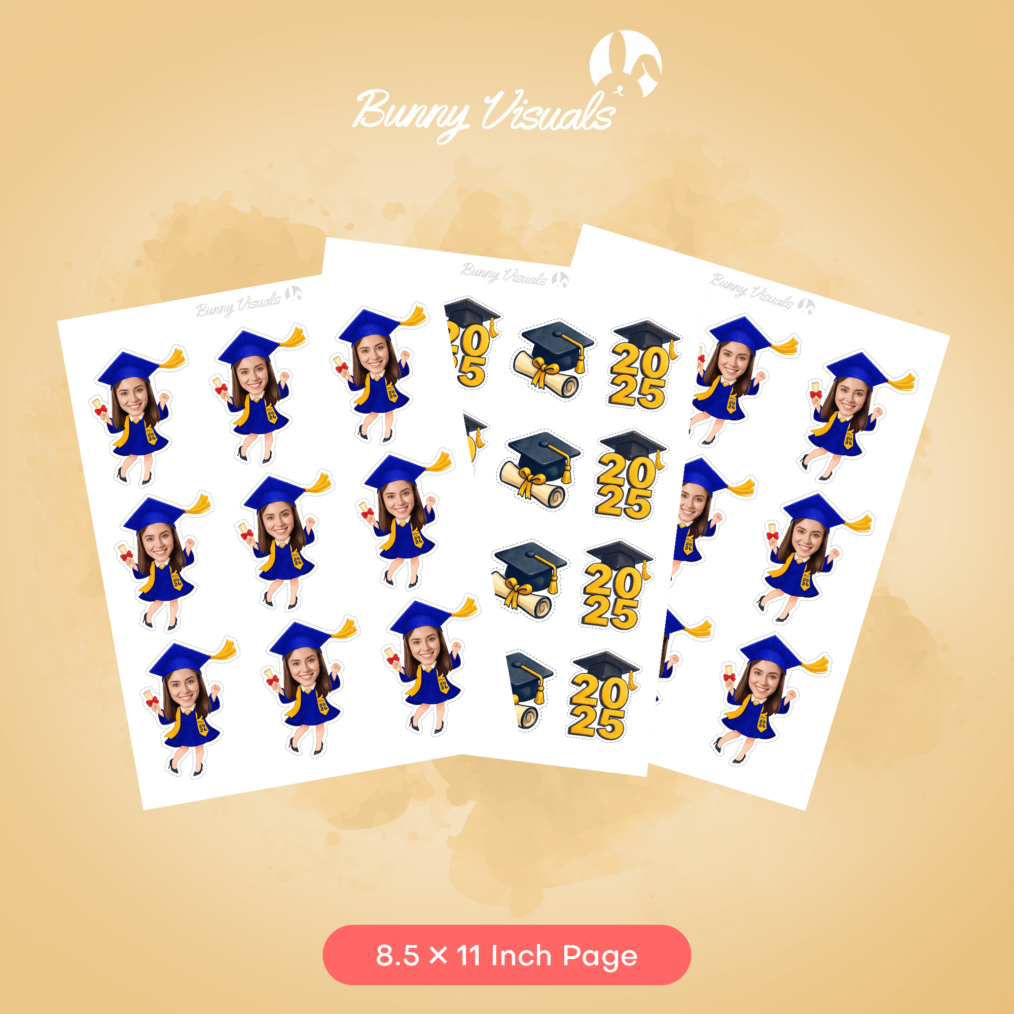 Graduation Blue Gown with Stole & Heels Custom Face Cupcake Topper