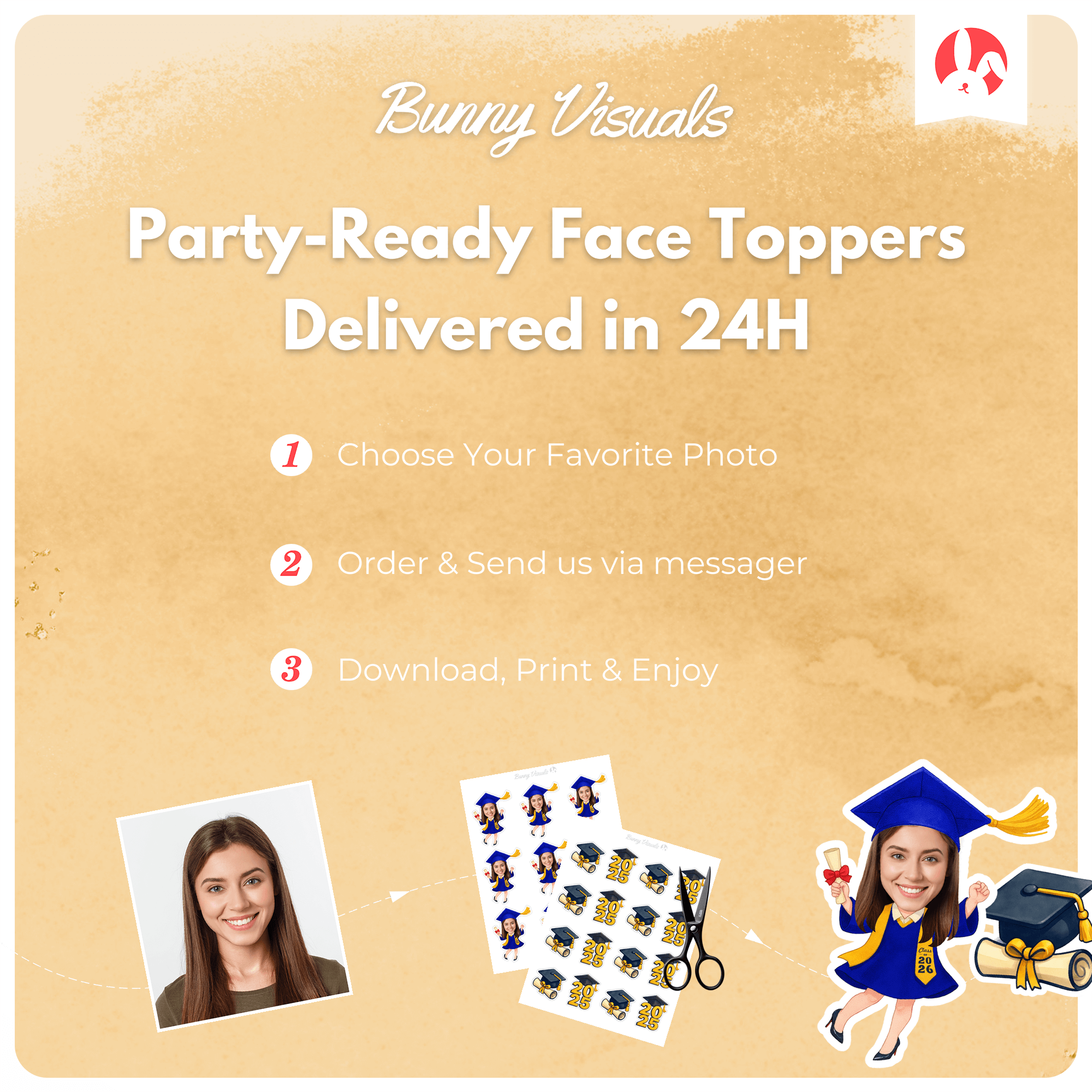 Graduation Blue Gown with Stole & Heels Custom Face Cupcake Topper