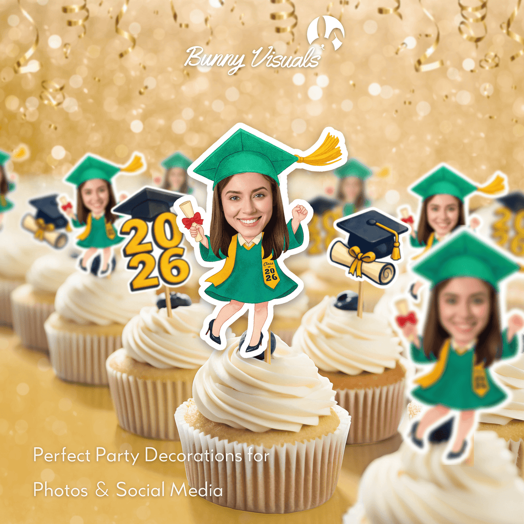 Graduation Green Gown with Stole & Heels Custom Face Cupcake Topper