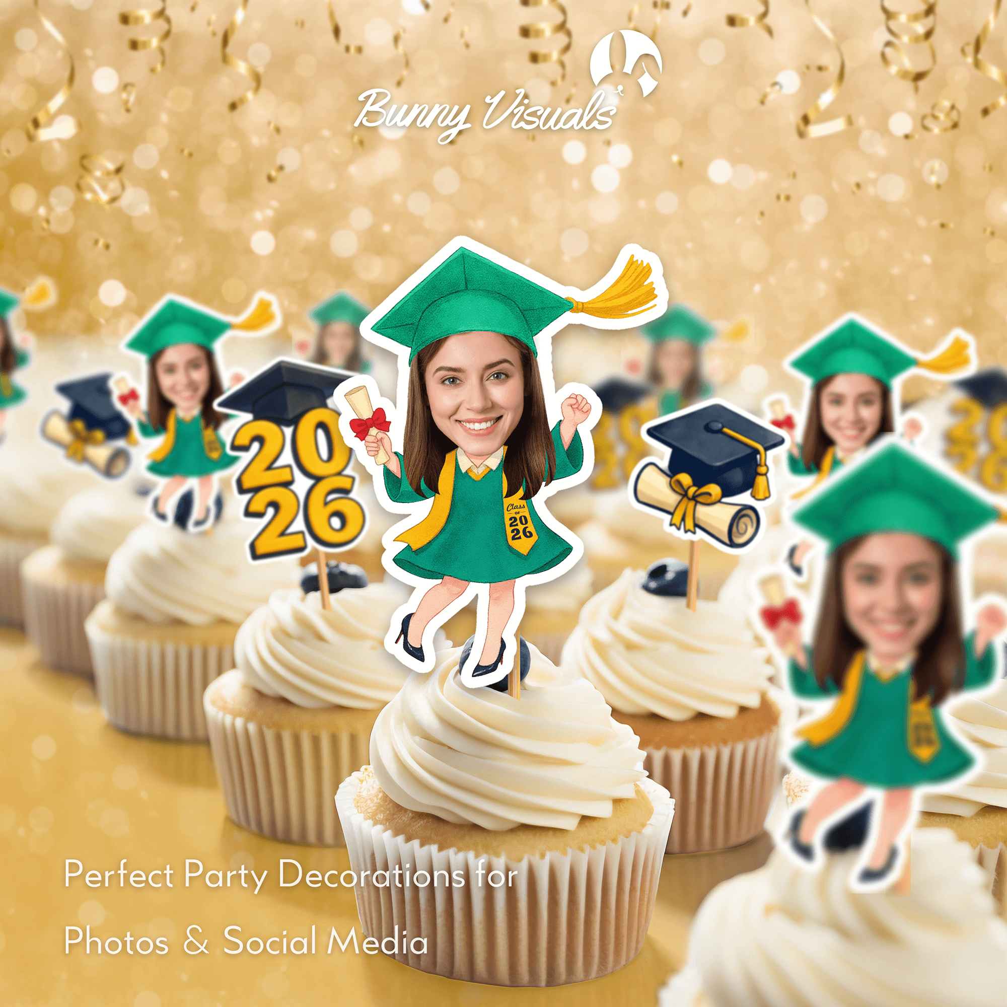 Graduation Green Gown with Stole & Heels Custom Face Cupcake Topper