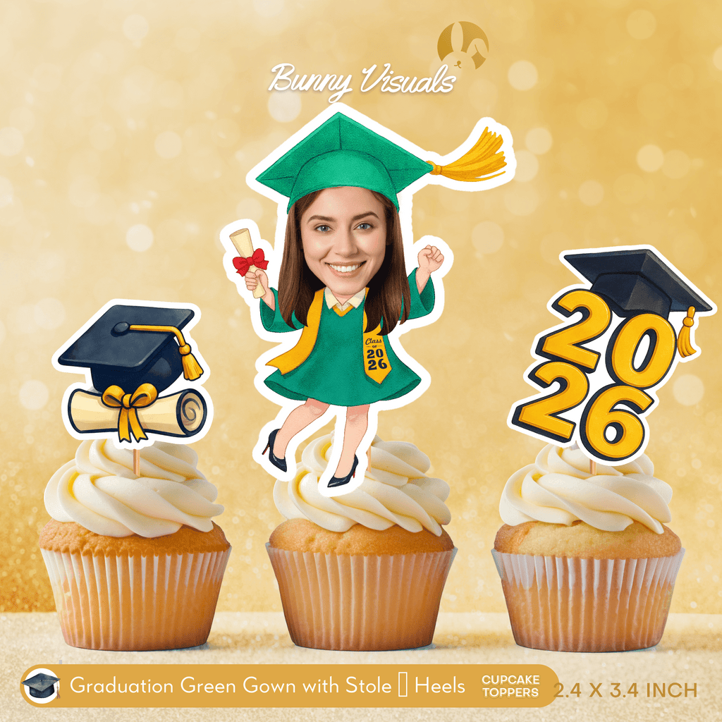 Graduation Green Gown with Stole & Heels Custom Face Cupcake Topper