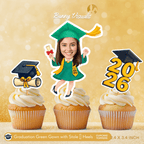 Graduation Green Gown with Stole & Heels Custom Face Cupcake Topper