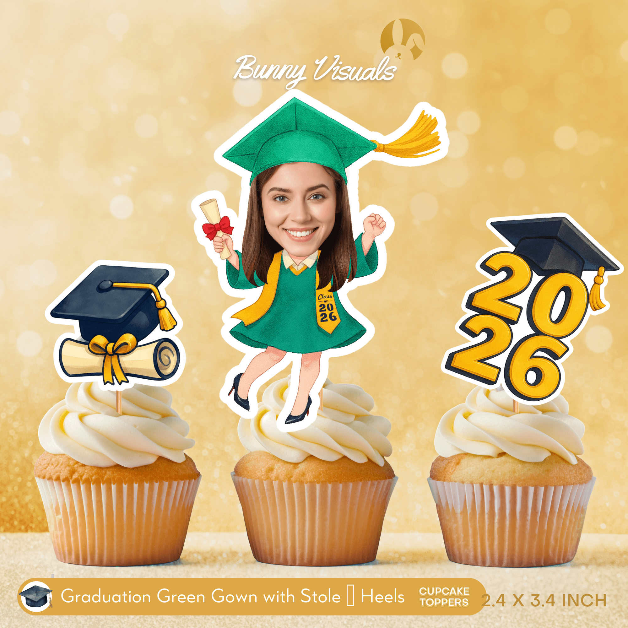 Graduation Green Gown with Stole & Heels Custom Face Cupcake Topper