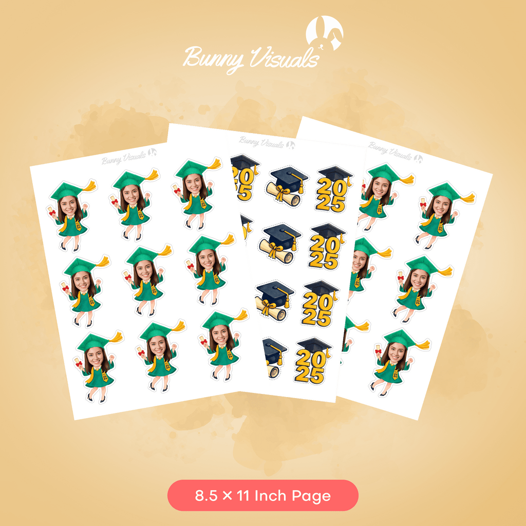 Graduation Green Gown with Stole & Heels Custom Face Cupcake Topper