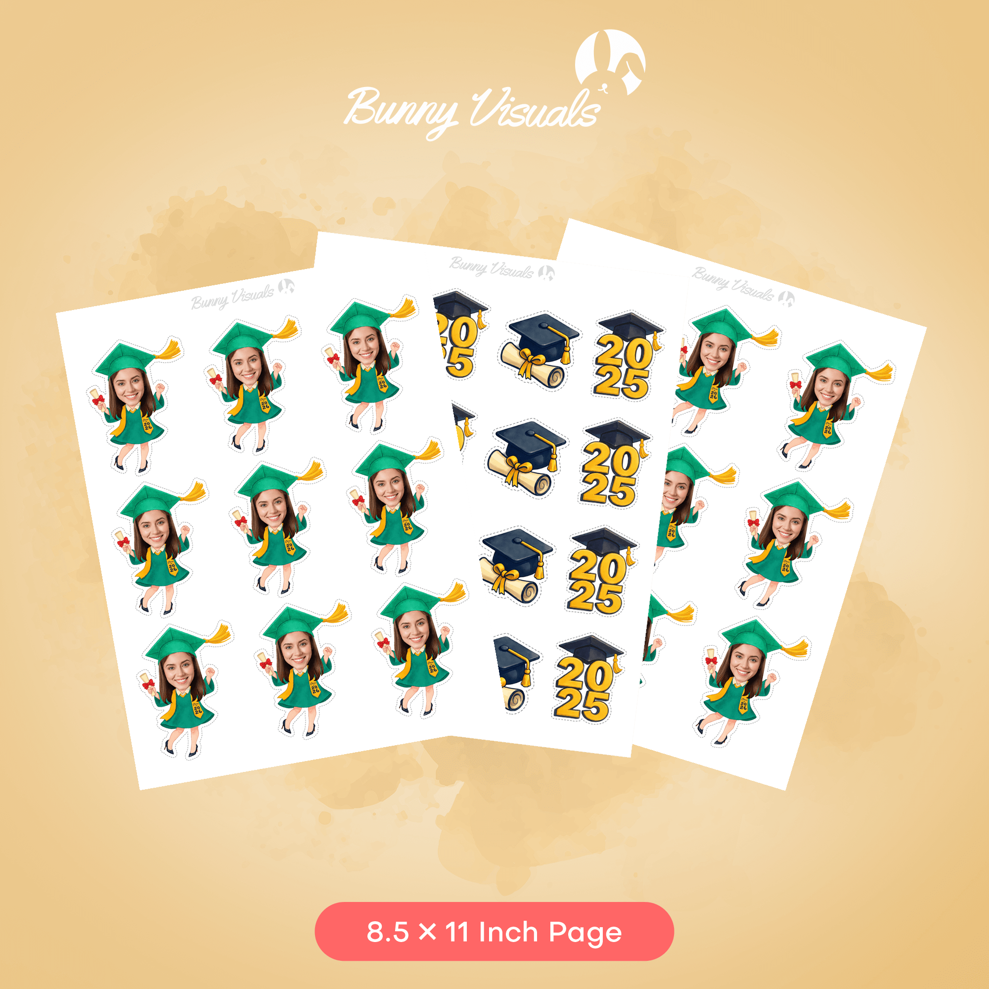 Graduation Green Gown with Stole & Heels Custom Face Cupcake Topper