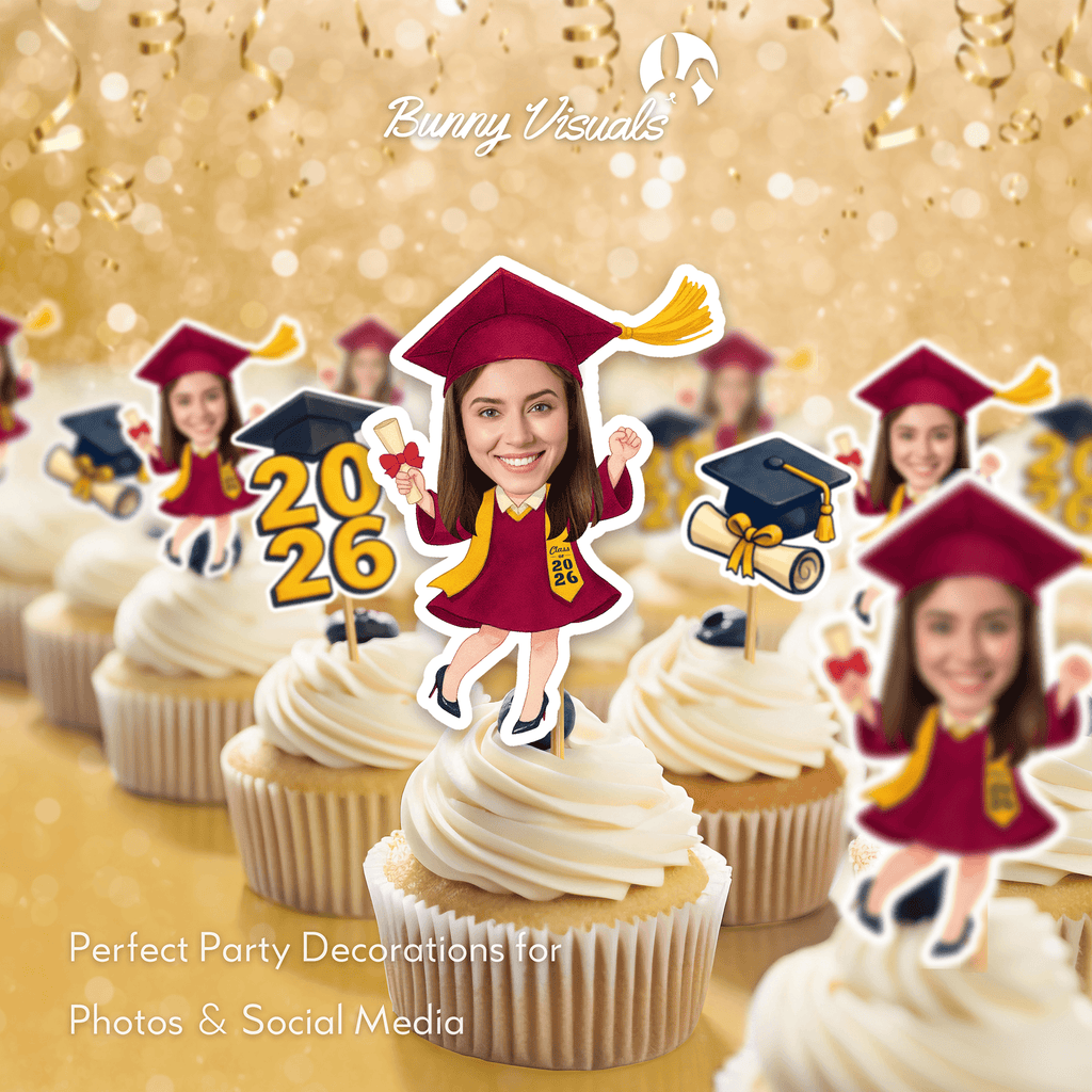 Graduation Maroon Gown with Stole & Heels Custom Face Cupcake Topper