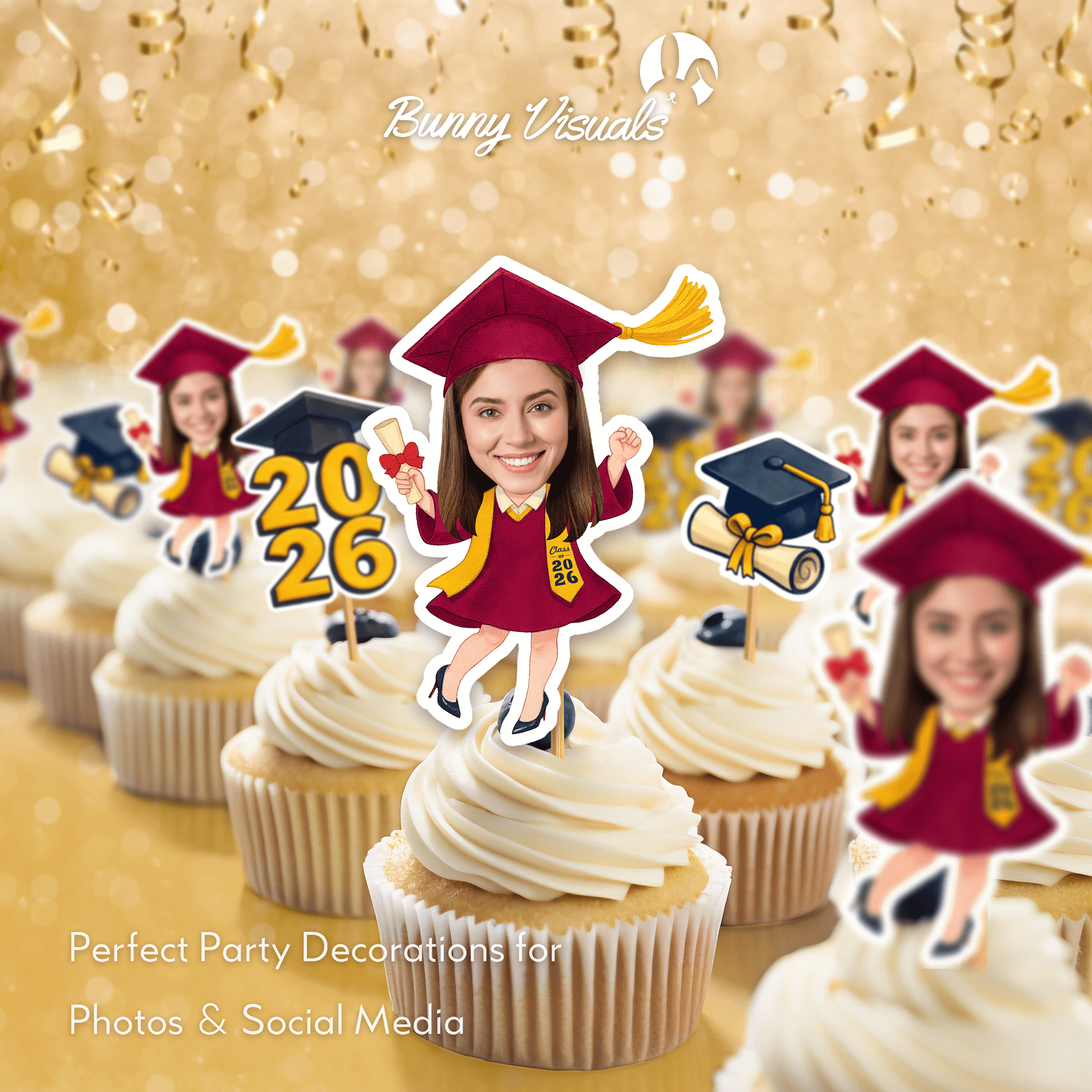 Graduation Maroon Gown with Stole & Heels Custom Face Cupcake Topper