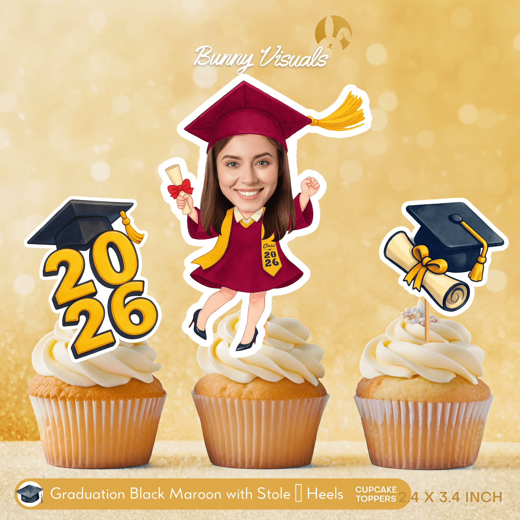 Graduation Maroon Gown with Stole & Heels Custom Face Cupcake Topper