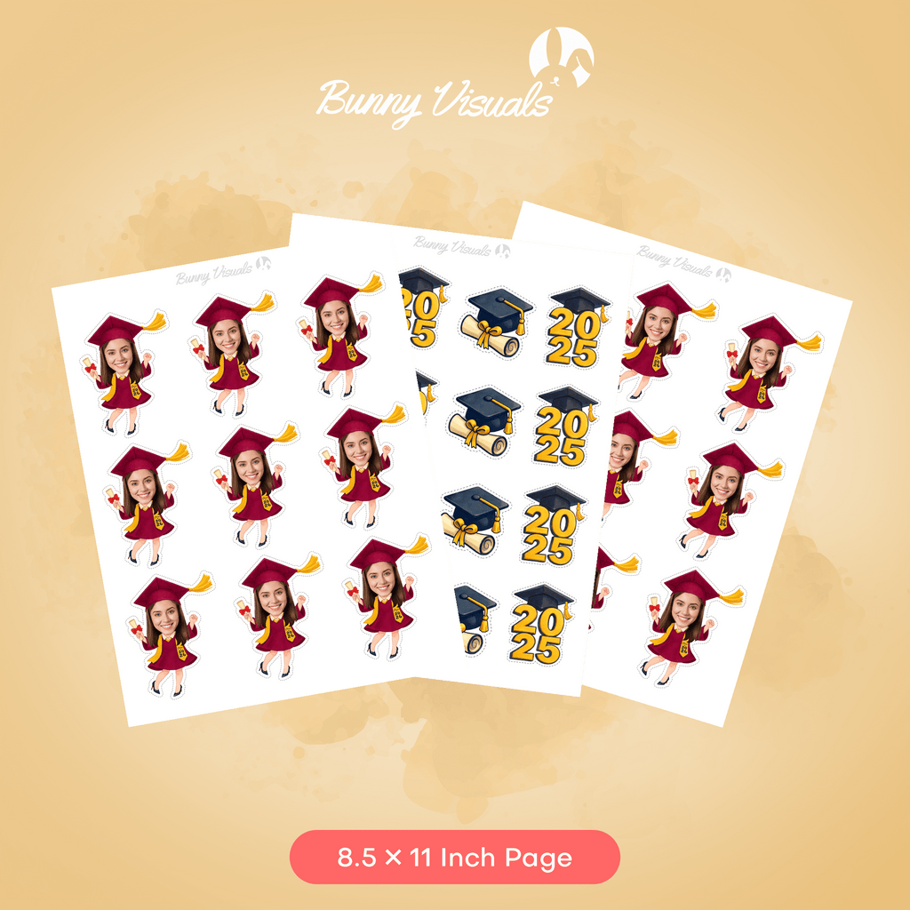 Graduation Maroon Gown with Stole & Heels Custom Face Cupcake Topper