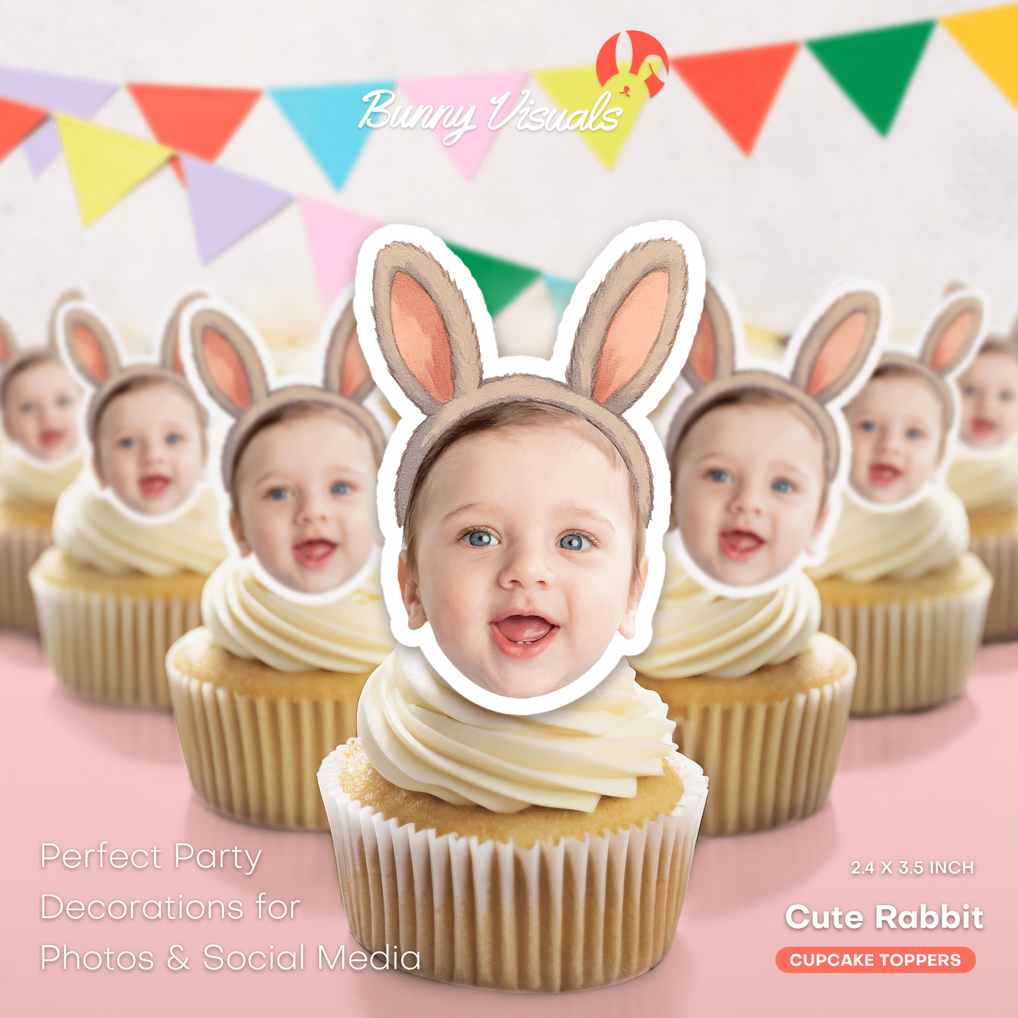 Custom Bunny Face Cupcake Toppers