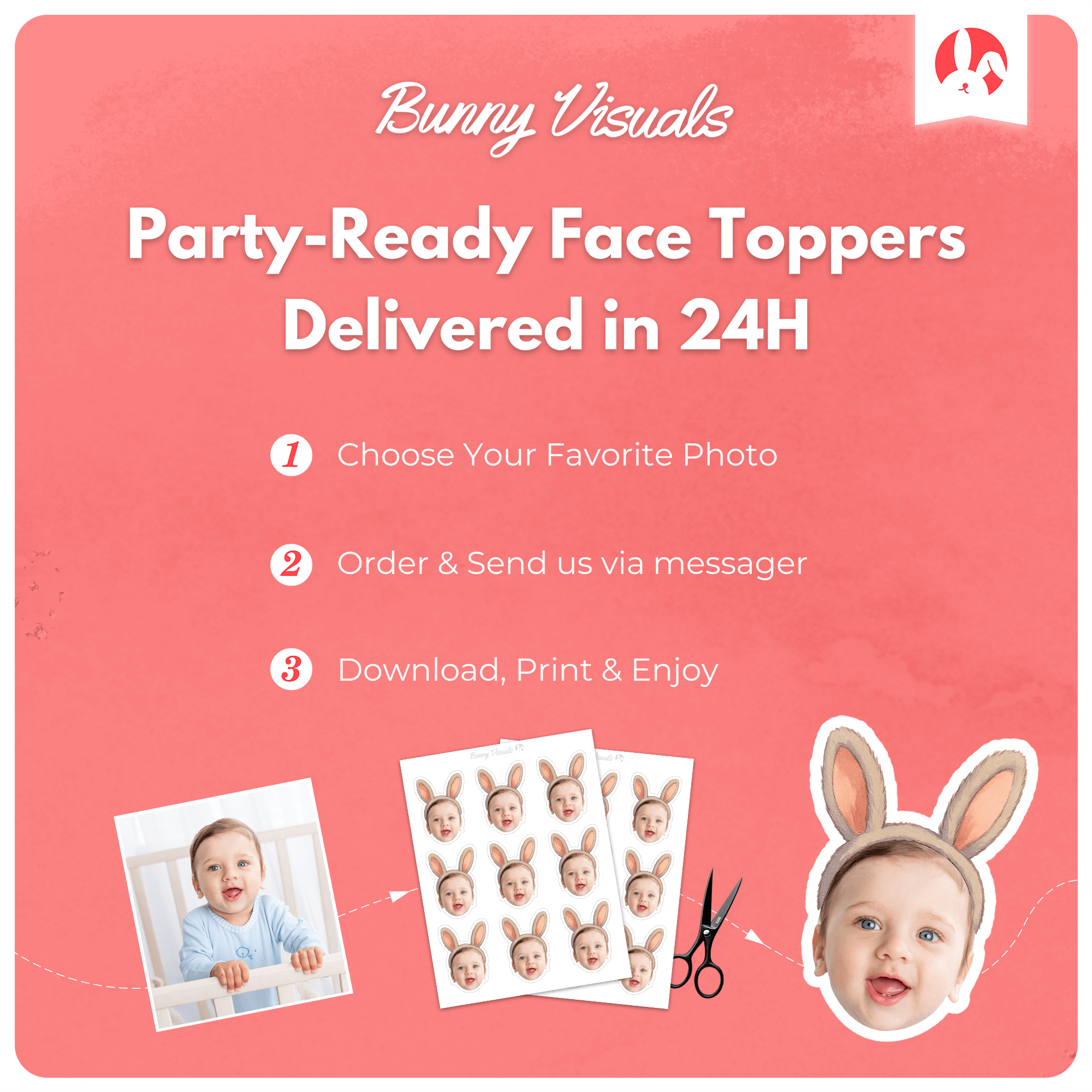 Custom Bunny Face Cupcake Toppers